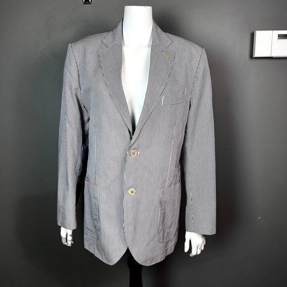 Massimo Dutti blazer sport coat men's size 42 seersucker white blue linen